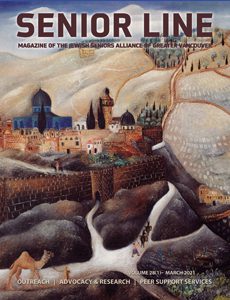 A painting of a town with mountains in the background.